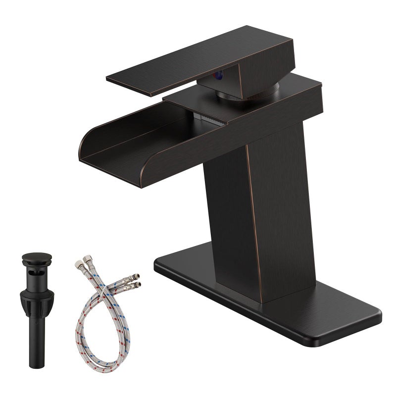 BATHLAVISH Oil Rubbed Bronze Waterfall Bathroom Faucet Single Hole Bathroom Sink Faucet Modern Single Handle Vanity Lavatory Faucets with Pop Up Drain Lavatory Mixer Tap - Image 1